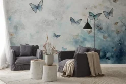 Fototapeta: Wzór z motylami na tle akwarelowym w odcieniach szarości i niebieskiego