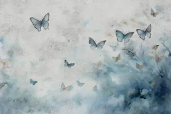 Fototapeta: Wzór z motylami na tle akwarelowym w odcieniach szarości i niebieskiego