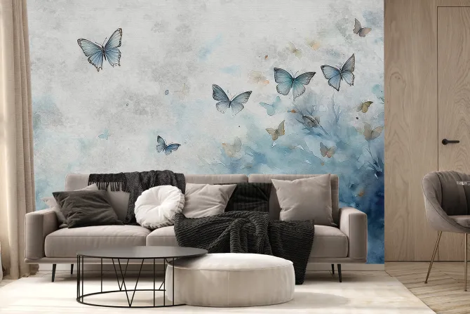 Fototapeta: Wzór z motylami na tle akwarelowym w odcieniach szarości i niebieskiego