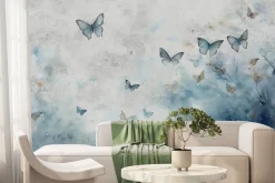 Fototapeta: Wzór z motylami na tle akwarelowym w odcieniach szarości i niebieskiego
