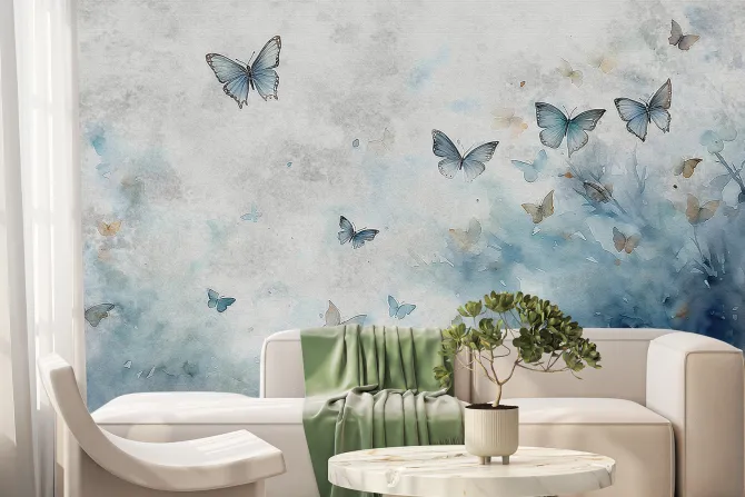 Fototapeta: Wzór z motylami na tle akwarelowym w odcieniach szarości i niebieskiego