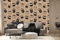 Fototapeta: Wzór z ziarnami kawy i kubkami