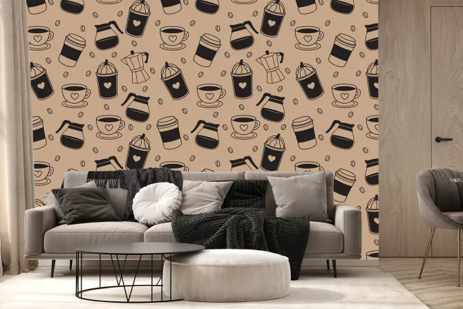 Fototapeta: Wzór z ziarnami kawy i kubkami