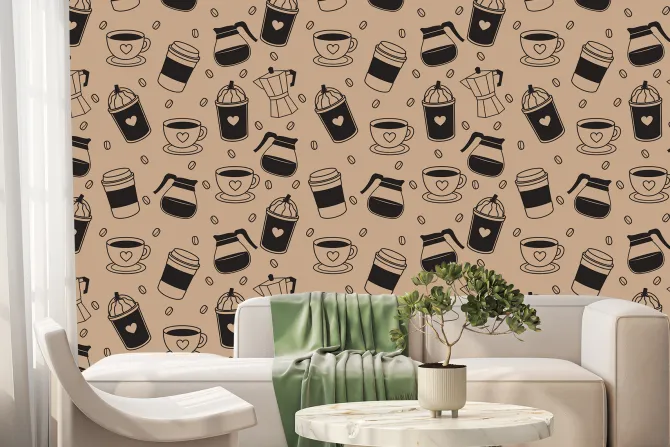 Fototapeta: Wzór z ziarnami kawy i kubkami