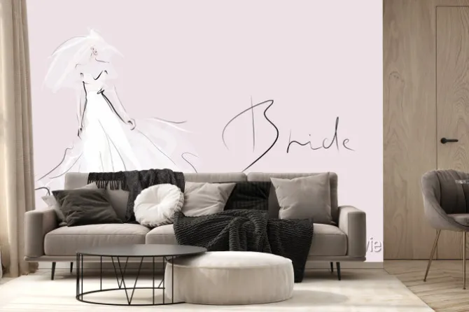 Fototapeta: Young beautiful bride in white dress. hand-drawn fashion illustration.