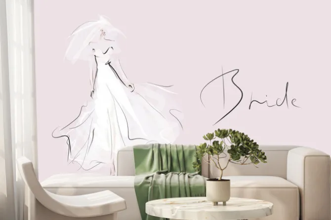 Fototapeta: Young beautiful bride in white dress. hand-drawn fashion illustration.