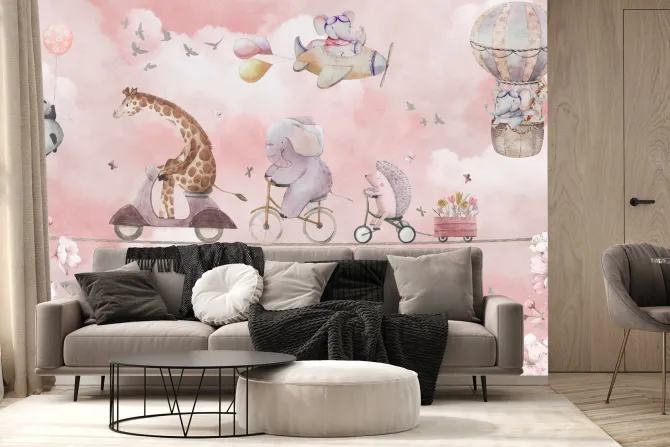 Fototapeta: Żyrafa i słoń w chmurach wśród kwiatów