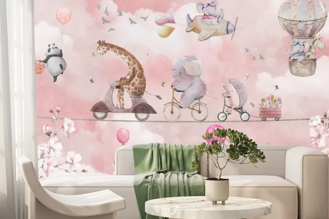 Fototapeta: Żyrafa i słoń w chmurach wśród kwiatów