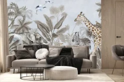 Fototapeta: Żyrafa słoń zebra lwy oraz palmy