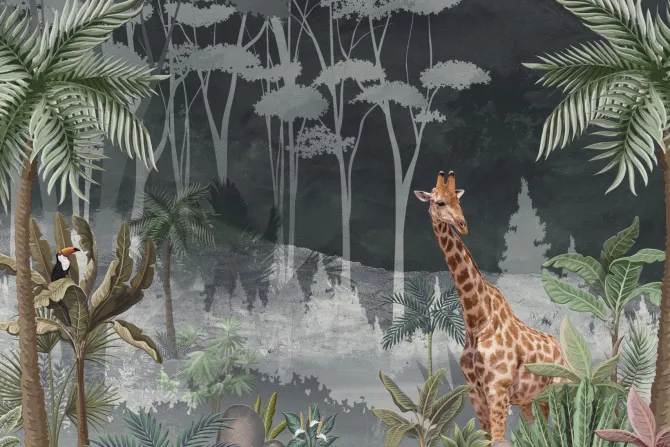 Fototapeta: Żyrafa w tropikalnej dżungli wśród palm