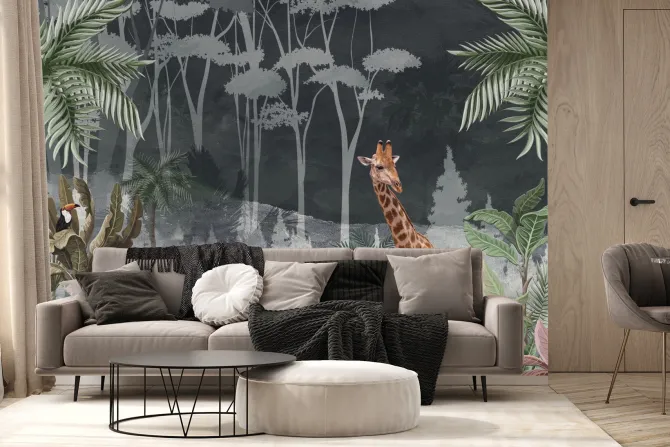 Fototapeta: Żyrafa w tropikalnej dżungli wśród palm