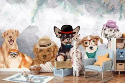 Fototapeta: Zabawne pieski na akwarelowym tle z kwiatami i liśćmi