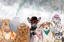 Fototapeta: Zabawne pieski na akwarelowym tle z kwiatami i liśćmi