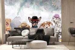 Fototapeta: Zabawne pieski na akwarelowym tle z kwiatami i liśćmi