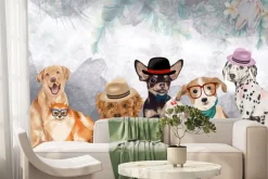 Fototapeta: Zabawne pieski na akwarelowym tle z kwiatami i liśćmi