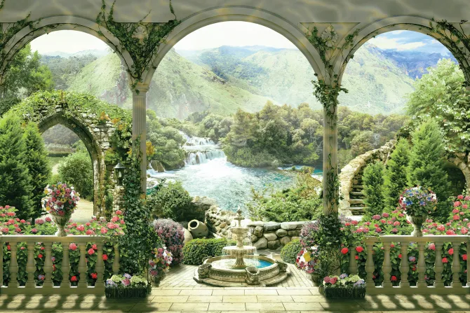 Fototapeta: Zabytkowe łuki z widokiem na rajski ogród