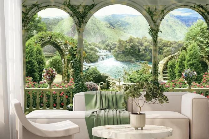 Fototapeta: Zabytkowe łuki z widokiem na rajski ogród