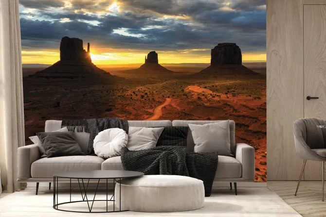 Fototapeta: Zachód słońca na pustyni z klifami