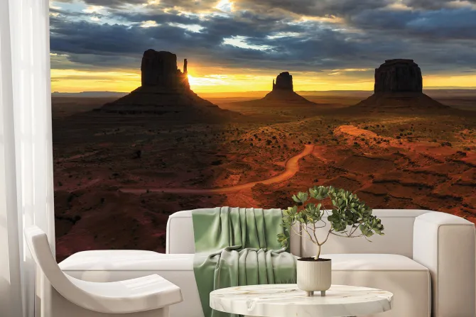 Fototapeta: Zachód słońca na pustyni z klifami