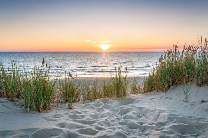 Fototapeta: Zachód słońca nad morzem i piaszczystą plażą