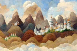 Fototapeta: Zamek i biały smok baśniowa ilustracja