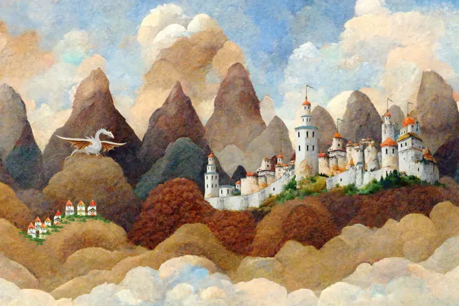 Fototapeta: Zamek i biały smok baśniowa ilustracja