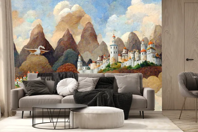 Fototapeta: Zamek i biały smok baśniowa ilustracja