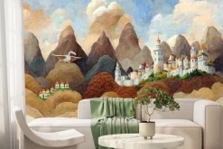 Fototapeta: Zamek i biały smok baśniowa ilustracja