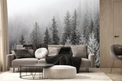 Fototapeta: Zamglony zimowy las z ośnieżonymi świerkami