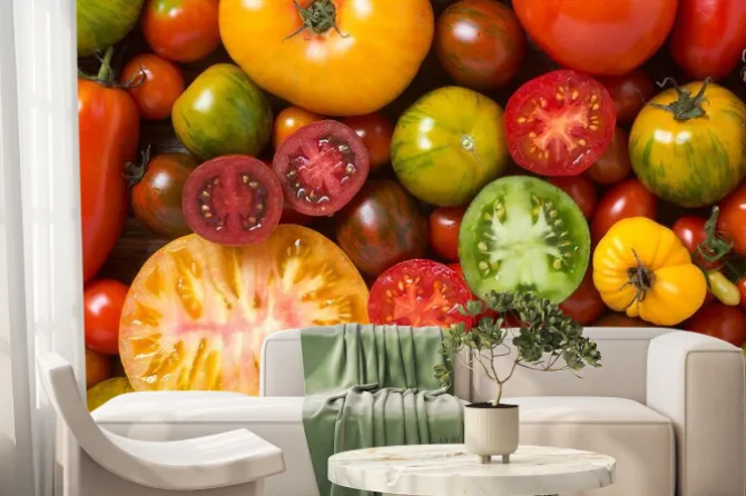 Fototapeta: Zamknąć z kolorowych pomidorów, niektóre w plasterkach, strzał