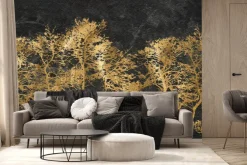 Fototapeta: Zdobione złote drzewa ma czarnym murze