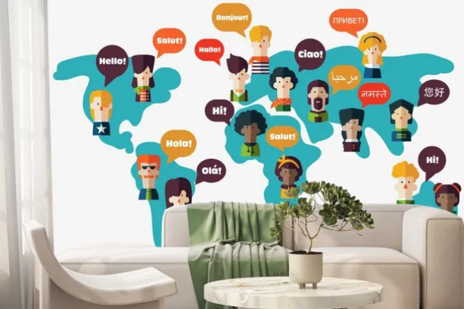 Fototapeta: Zestaw ludzi społecznych na mapie świata z pęcherzyków mowy w