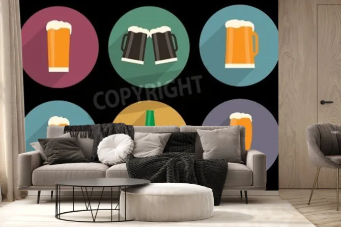 Fototapeta: Zestaw płaskich ikon piwa z długim cieniem