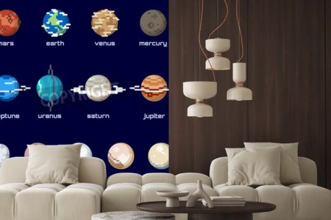 Fototapeta: Zestaw planet, w tym planet karłowatych, w stylu retro piksele.