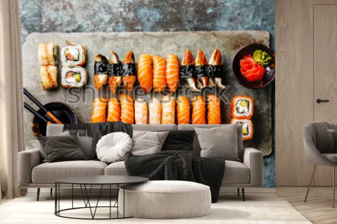 Fototapeta: Zestaw sushi na tacy z kamienia łupkowego