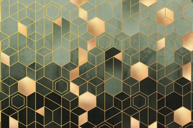 Fototapeta: Zielona geometryczna abstrakcja ze złotymi figurami