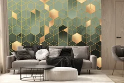 Fototapeta: Zielona geometryczna abstrakcja ze złotymi figurami