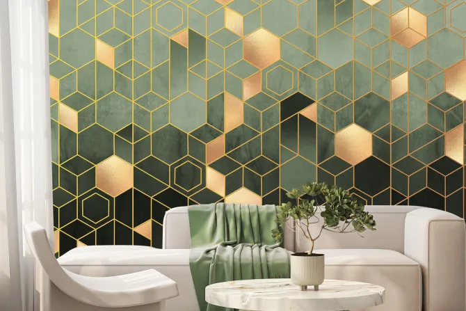 Fototapeta: Zielona geometryczna abstrakcja ze złotymi figurami