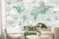 Fototapeta: Zielona retro mapa świata z balonami