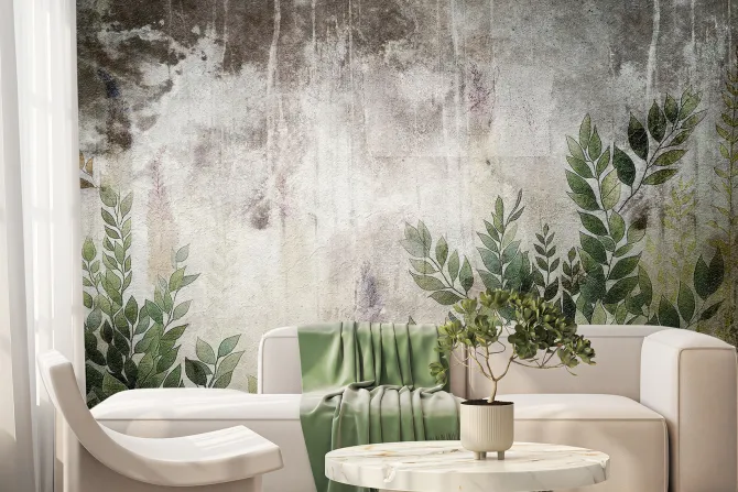 Fototapeta: Zielone liście na szarym betonie