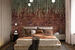 Fototapeta: Zielone rośliny zwisające na tle ceglanego muru