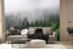 Fototapeta: Zielony górski las świerkowy spowity poranną mgłą