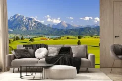 Fototapeta: Zielony krajobraz łąki w bawarii z alpami