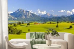 Fototapeta: Zielony krajobraz łąki w bawarii z alpami