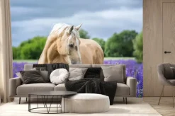 Fototapeta: Złocisty koń wśród kolorowych kwiatów natury