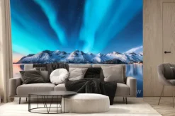 Fototapeta: Zorza polarna nad górami w islandii