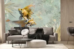 Fototapeta: Złote rybki z roślinami na vintage tle