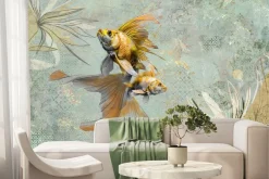 Fototapeta: Złote rybki z roślinami na vintage tle