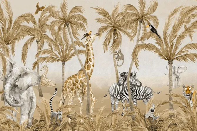 Fototapeta: Zwierzęta dżungli wśród drzew palm