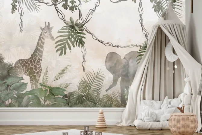 Fototapeta: Zwierzęta safari słoń i żyrafa w dżungli